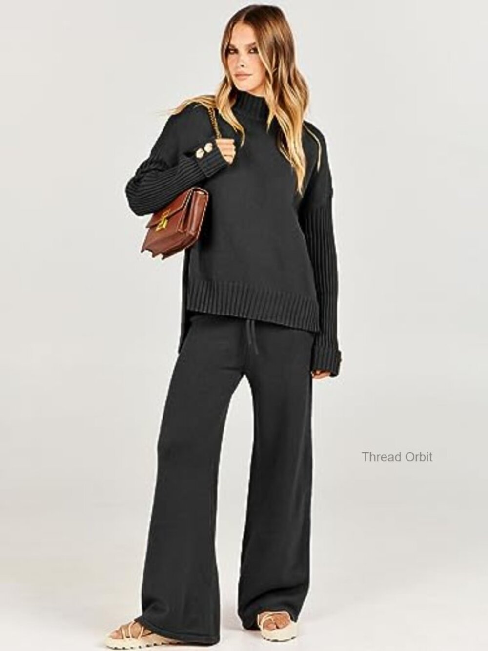 Soft Knit Sweater Set Turtleneck Top Wide Leg Pants Lounge Outfit - Picture 2 of 7